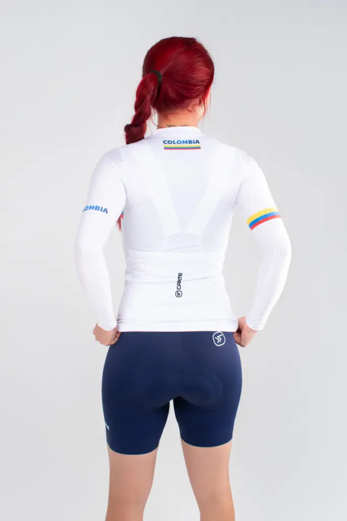 7. JERSEY DE CICLISMO COLOMBIA – CAPOTE – MANGA LARGA – MUJER – ESPALDA